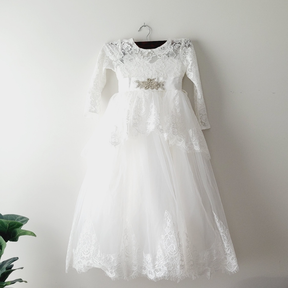 White Lace Formal Girls Dress with Embellished Waist